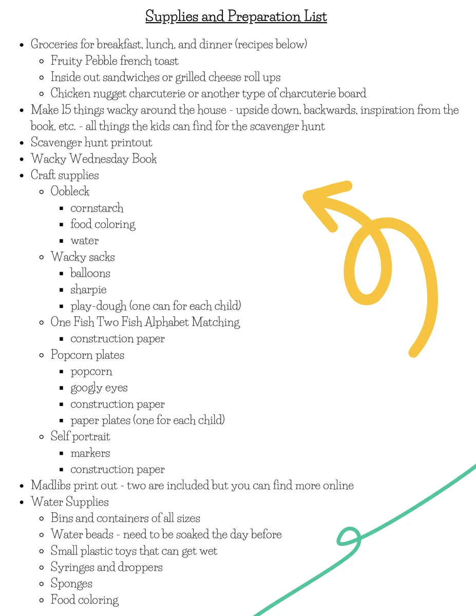 Family Fun Day Camp, Wacky Wednesday theme — supplies and preparation list